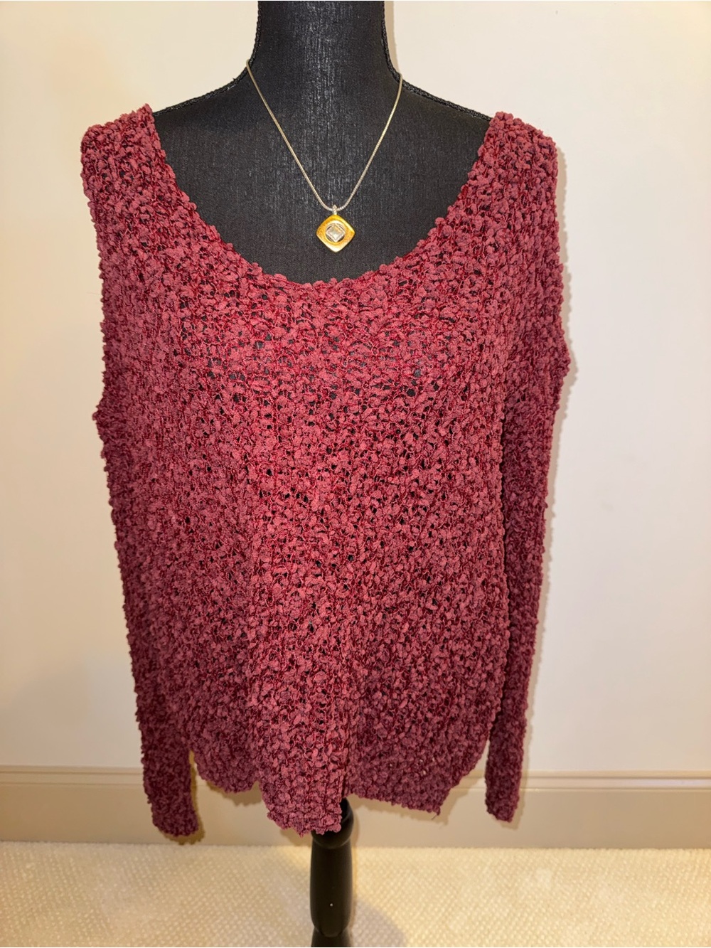 SHEIN Wine Red Textured Scoop Neck Sweater
